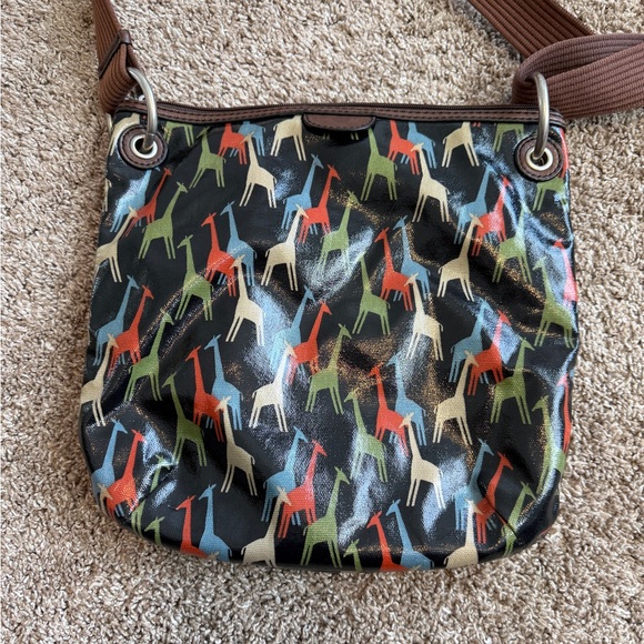 Fossil Brown Multi Giraffes Pattern Key-Per Crossbody Purse Coated Canvas Blue - Picture 3 of 16